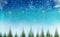 Conceptual christmas winter scene with decorative pine trees against star sky.