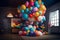 A conceptual composition of a levitating cloud of vibrant balloons in a studio environment, creating an ethereal and playful