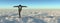 Conceptual concept of 3D businessman or man in crisis walking in balance on rope above  clouds sky background banner
