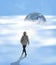 Conceptual creative artwork with young girl walking on clouds. Concept of astronautics, dreams, astronomy, art, Day of