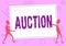 Conceptual display Auction. Business showcase Public sale Goods or Property sold to highest bidder Purchase Two