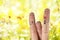 Conceptual family finger art. Father and daughter are giving flowers his mother. Stock Image