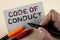 Conceptual hand writing showing Code Of Conduct. Business photo text Follow principles and standards for business integrity writte