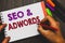 Conceptual hand writing showing Seo and Adwords. Business photo text Pay per click Digital marketing Google Adsense Man holding no