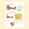 Conceptual handwritten phrase Home Sweet Home with chair, house shoes, bird\'s cage, birds.