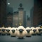 Conceptual illustration of flock of sheep in city center - generative ai