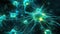 Conceptual illustration of neuron cells with glowing link knots. Blue green Neurons in brain on with focus effect. Generative AI