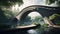 Conceptual image of a bridge over a pond with plants and trees