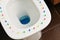 Conceptual image of a hemorrhoid disease with multi-colored thumbtacks on toilet bowl cover