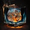 Conceptual image of an ice cube with fire or flames inside. abstract, creative, metaphoric and symbolic conceptual image. Ai