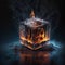 Conceptual image of an ice cube with fire or flames inside. abstract, creative, metaphoric and symbolic conceptual image. Ai