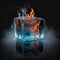 Conceptual image of an ice cube with fire or flames inside. abstract, creative, metaphoric and symbolic conceptual image. Ai