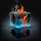 Conceptual image of an ice cube with fire or flames inside. abstract, creative, metaphoric and symbolic conceptual image. Ai