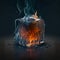 Conceptual image of an ice cube with fire or flames inside. abstract, creative, metaphoric and symbolic conceptual image. Ai