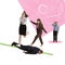 Conceptual image. Motivated women, employees stepping over lying worker symbolizing decisive path to success
