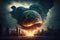 Conceptual image of nuclear explosion with cityscape on the background