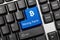 Conceptual keyboard - Mining Farm blue key with Bitcoin symbol