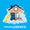 Conceptual logo and the poster for cleaning. Sign cleaning service on a blue background. Vector