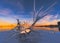 Conceptual metallic sculpture of the Viking boat of The Sun Voyager of the city of Reykjavik from behind from the side