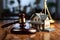 Conceptual miniature house placed beside a courtroom gavel on the table