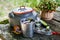 Conceptual Photo of an Autumnal Peaceful Recreation.Kettle with a mug in a tourist camp.  Preparation of tea in a holiday camp.