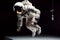 A conceptual photo-realistic image of a levitating astronaut in a gravity-defying dance, captured in a controlled studio