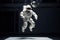 A conceptual photo-realistic image of a levitating astronaut in a gravity-defying dance, captured in a controlled studio