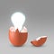 Conceptual picture of nascent idea. Light bulb emerging from eggshell