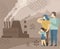 Conceptual poster of air pollution.  Family breathes dirty air from a smoking factory