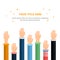 Conceptual poster with different hands in action poses. Vector illustration in flat style