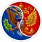 A conceptual sign of cooperation between the United States and Russia in the form of the Yin Yang sign, where the coats of arms of
