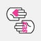Conceptual two black line hands symbol holding pink heart and word sex icons