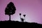 Conceptual valentine holiday illustration. A Couple silhouette standing at the hill holding heart balloon