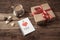 Conceptual Valentines image of note book with space for text, heart shaped chocolates and coffee