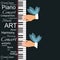 Conceptual vector illustration with winged hands playing the piano keys isolated on black background.
