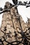 Conceptual vertical view of bell tower of Cathedral of Our Lady in Antwerp, Belgium. Famous huge flemish cathedral. Travel tourism