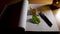 Conceptual video of an open notebook with pen, couple of semi dried leaves and burning candle. Desktop table of a writer, poet,