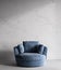 Conceptual vintage interior studio room with stucco wall. Creative composition armchair in dark blue pastel color