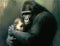 A concerned mother gorilla protectively cradles her baby. AI generation