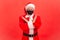 Concerned serious santa claus in protective mask showing x sign with hands telling that this is the end and no way more,