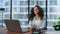 Concerned woman feeling nervous work laptop. Anxious boss calming after meeting