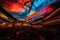 concert hall, filled with colorful and abstract visuals, matching the spirit of the music