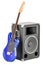 Concert loudspeaker with blue electric guitar, 3D rendering