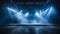 Concert stage with bright beams, blue lights, fog effect, night event, performance backdrop