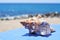 Conch on a blue surface on the beach