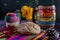 Concha Bread, Mexican Sweet Scone and Coffee Jar on Woven Tablecloth.