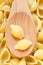 Conchiglie Rigate Pasta in wooden spoon background.