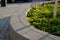 Concrete bench is at the same time the edge of the raised flowerbed linked to the yellow and white flowers in the flowerbed archit