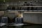 Concrete blocks in small river stream tree background