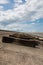 Concrete breakers on the beach at Leasowe Wirral June 2019